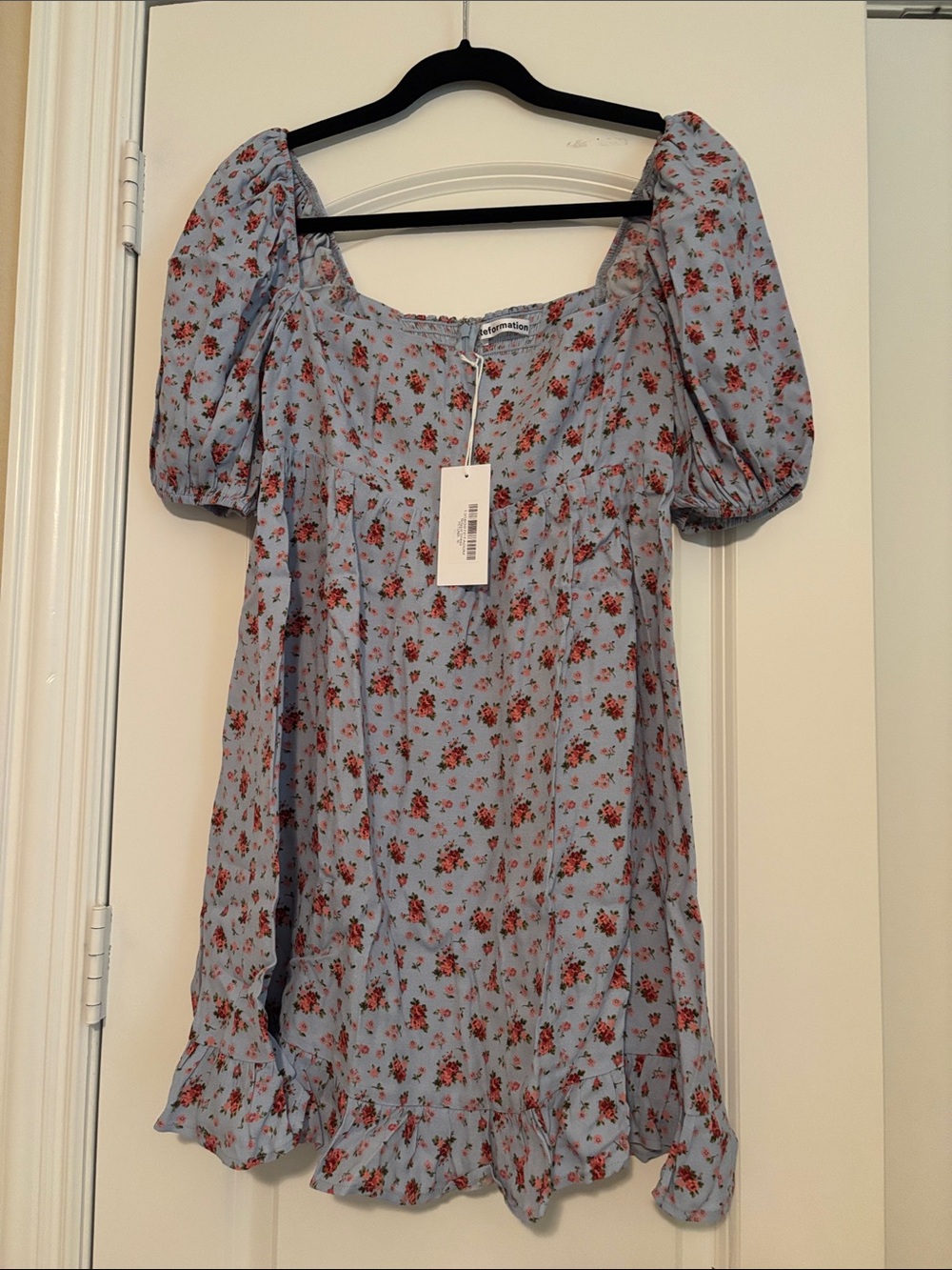 Light Blue Floral Puff-Sleeve Women's dress